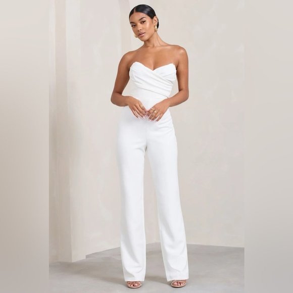 Club L London Pants - Club L London WHITE BANDEAU CORSET WIDE LEG JUMPSUIT